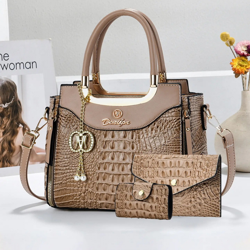 レディース クロコダイル柄ハンドバッグセット、3ピースカラー - Women Fashion Handbags のレビューと価格