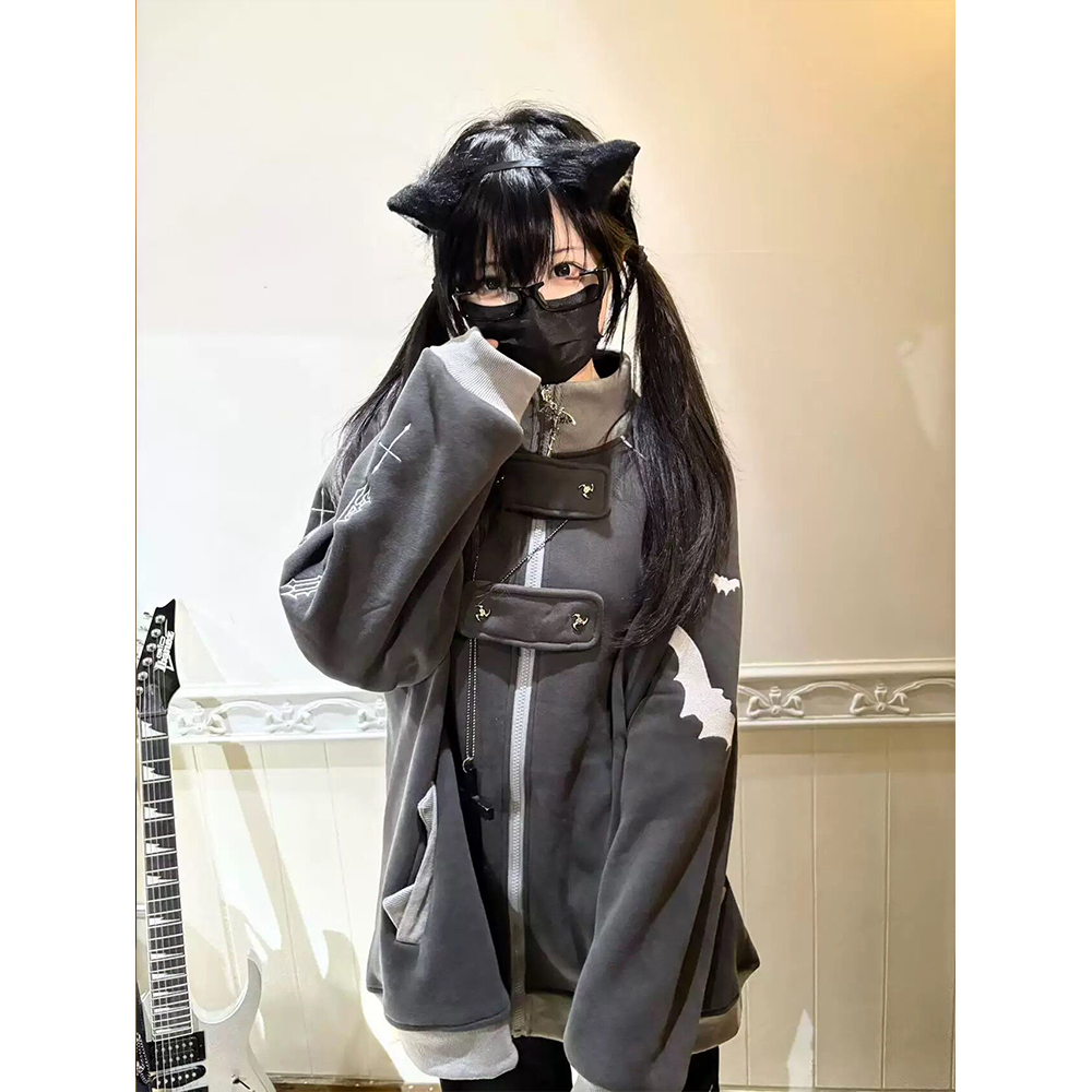 Y2Kゴシックジップアップフーディー レディース バット柄コ - Hoodie Women Oversized のレビューと価格