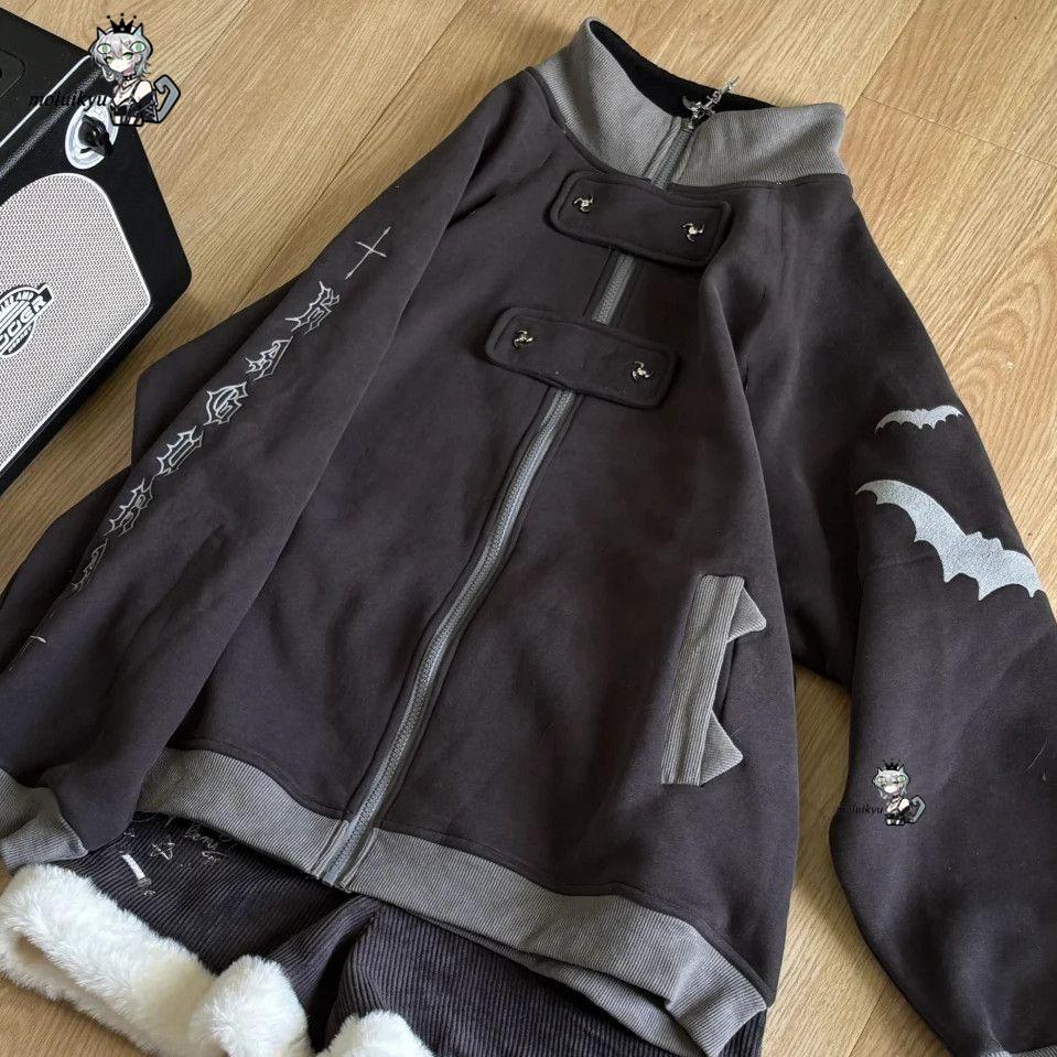 Y2Kゴシックジップアップフーディー レディース バット柄コ - Hoodie Women Oversized のレビューと価格