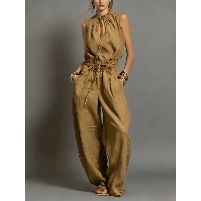 女性ジャンプスーツ夏用ノースリーブ弾性ウエストバンド巾着ルー - Women'S Fashion Overalls のレビューと価格