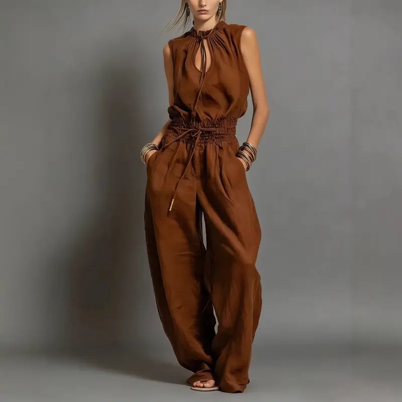 女性ジャンプスーツ夏用ノースリーブ弾性ウエストバンド巾着ルー - Women'S Fashion Overalls のレビューと価格
