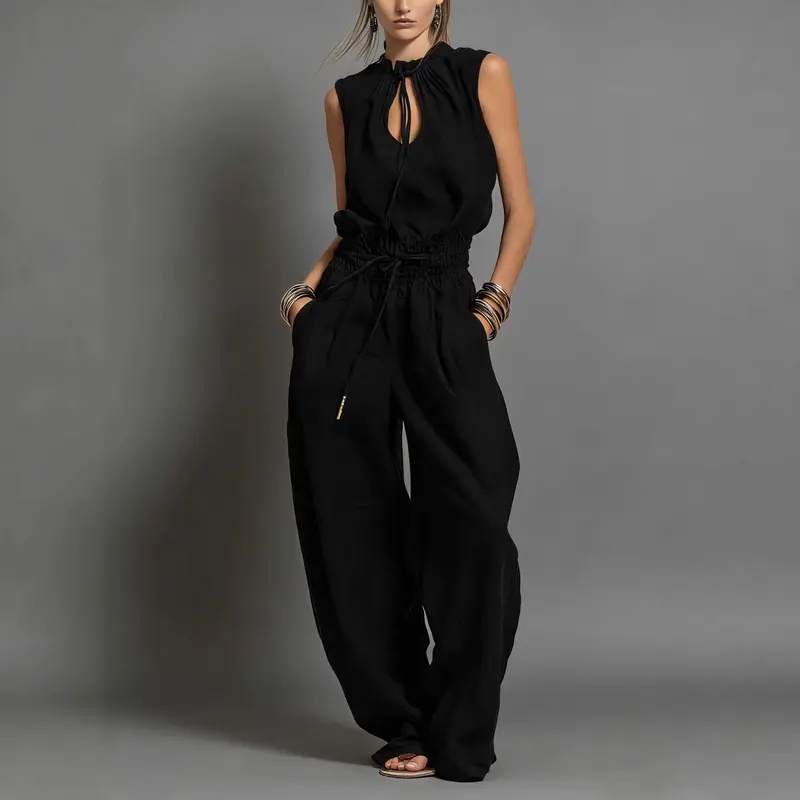 女性ジャンプスーツ夏用ノースリーブ弾性ウエストバンド巾着ルー - Women'S Fashion Overalls のレビューと価格