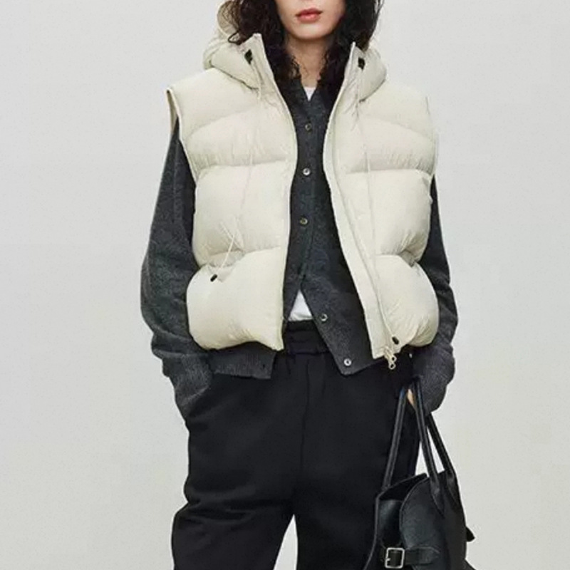 女性ホワイトダックダウンベスト冬フード付きノースリーブパファ - Puffer Vest Fashion Women のレビューと価格