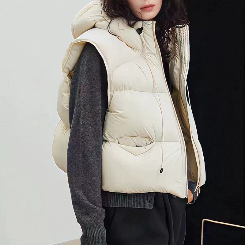 女性ホワイトダックダウンベスト冬フード付きノースリーブパファ - Puffer Vest Fashion Women のレビューと価格