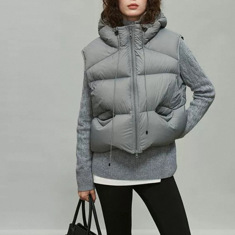 女性ホワイトダックダウンベスト冬フード付きノースリーブパファ - Puffer Vest Fashion Women のレビューと価格