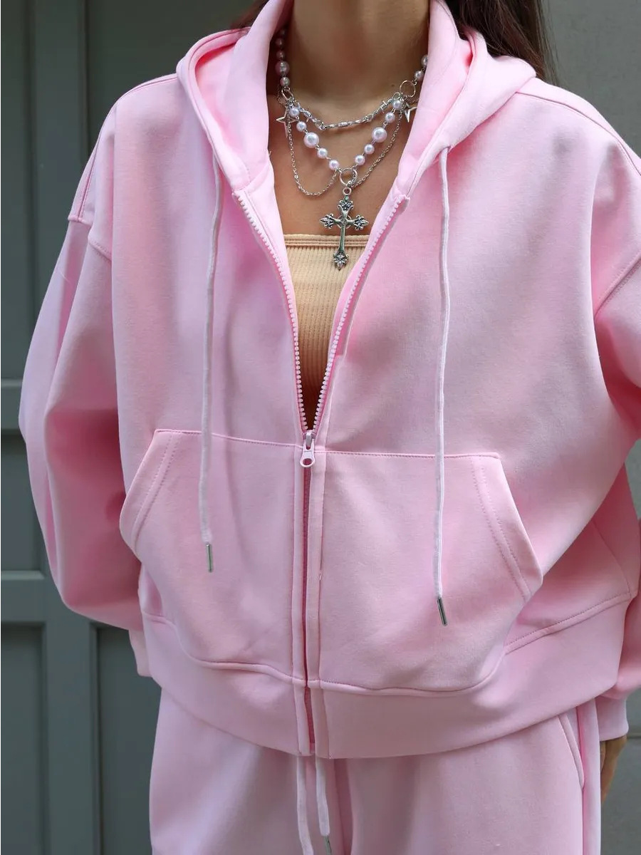 レディース2ピースラウンジウェアセット、ジップアップパーカー - Hoodie Women Oversized のレビューと価格